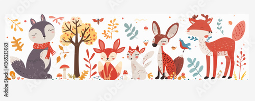 Whimsical woodland creatures in autumn forest scene.