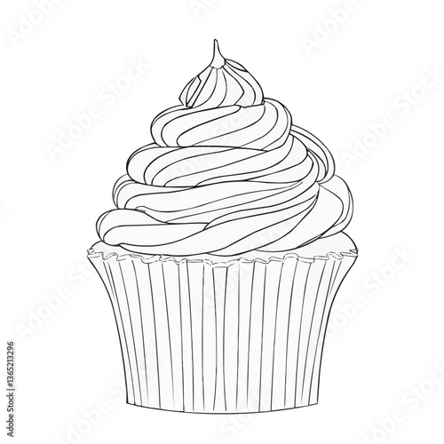 Hand-drawn cupcake with swirled frosting in black and white sketch.