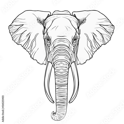 Red line art of elephant facing forward with detailed features.