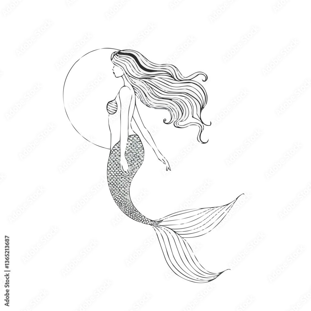 Obraz premium Intricate blue waves with full moon in minimalist nautical art design.