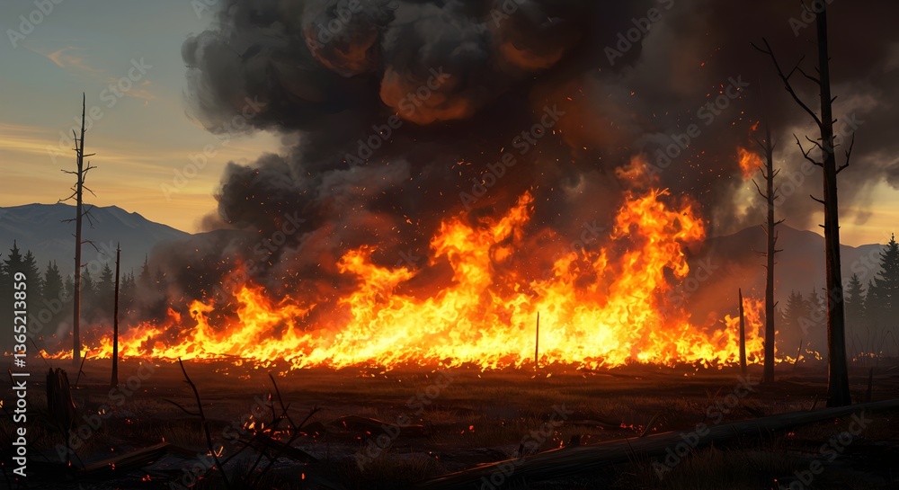 Obraz premium Inferno landscape, Devastating wildfire burning fiercely across the land