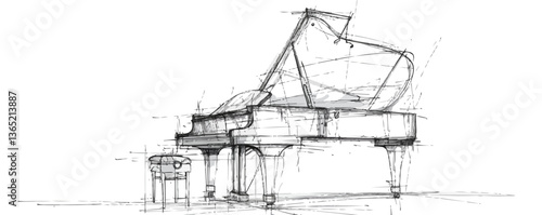 Sketch of a grand piano with abstract lines and detailed structure.