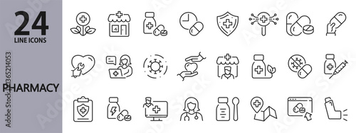 Pharmacy line icons set with Health, Medicine, Syringe, Syrup, Treatment, Prescription and more. Editable Stroke