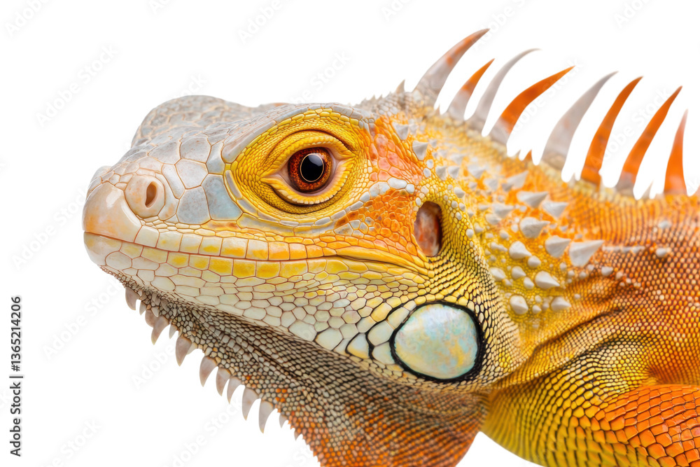 Fototapeta premium Close-up of vibrant orange and yellow iguana with spiky scales, cut out