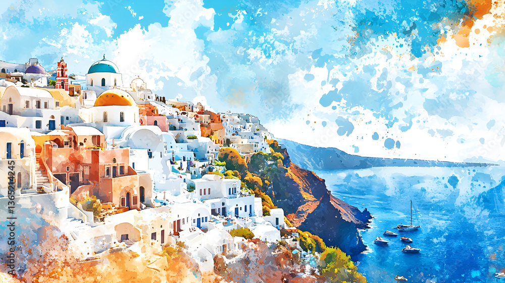 Obraz premium Dreamy Watercolor Santorini Village at Golden Hour