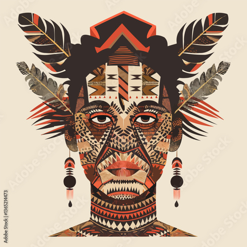 Intricate tribal face paint on young female of african descent with geometric patterns.