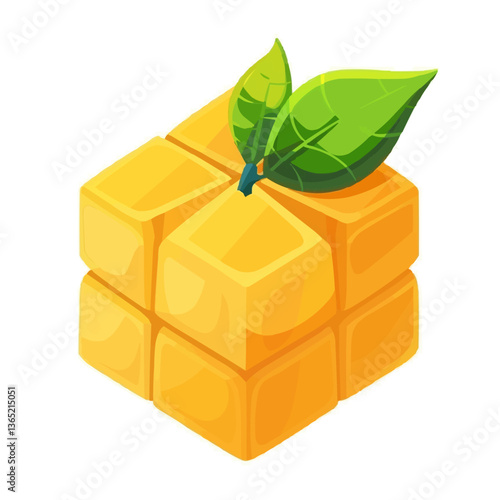 Colorful cube-shaped cake with leaf decoration.