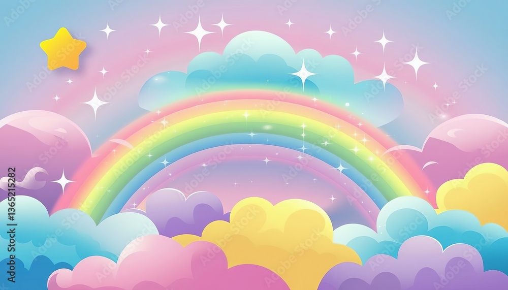 Cute cartoon rainbow, a background of colorful clouds and stars, vector illustration, pastel colors, a pink, purple, blue, yellow, and green palette, bright, cute, playful and cheerful, Cute cartoon rainbow, a background of colorful clouds and stars, vector illustration, pastel colors, a pink, purple, blue, yellow, and green palette, bright, cute, playful and cheerful,