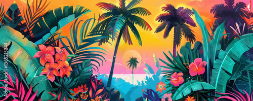 Vibrant tropical beach sunset illustration with colorful foliage and palm trees.