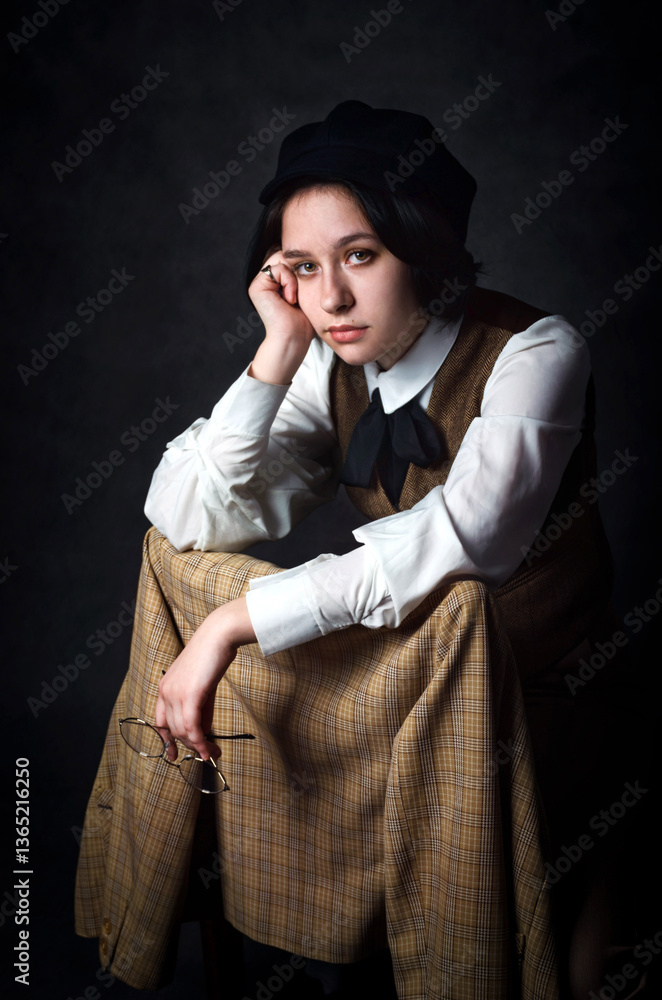 Fototapeta premium Thoughtful Young Woman in Vintage Menswear Holding Glasses