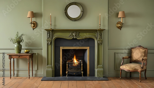 Elegant Fireplace Setting with Antique Chair and Wall Sconces