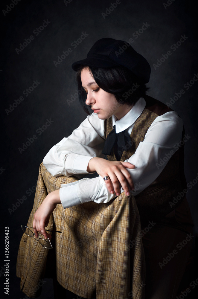 Naklejka premium Contemplative Female Detective in Vintage Sherlock Holmes Style