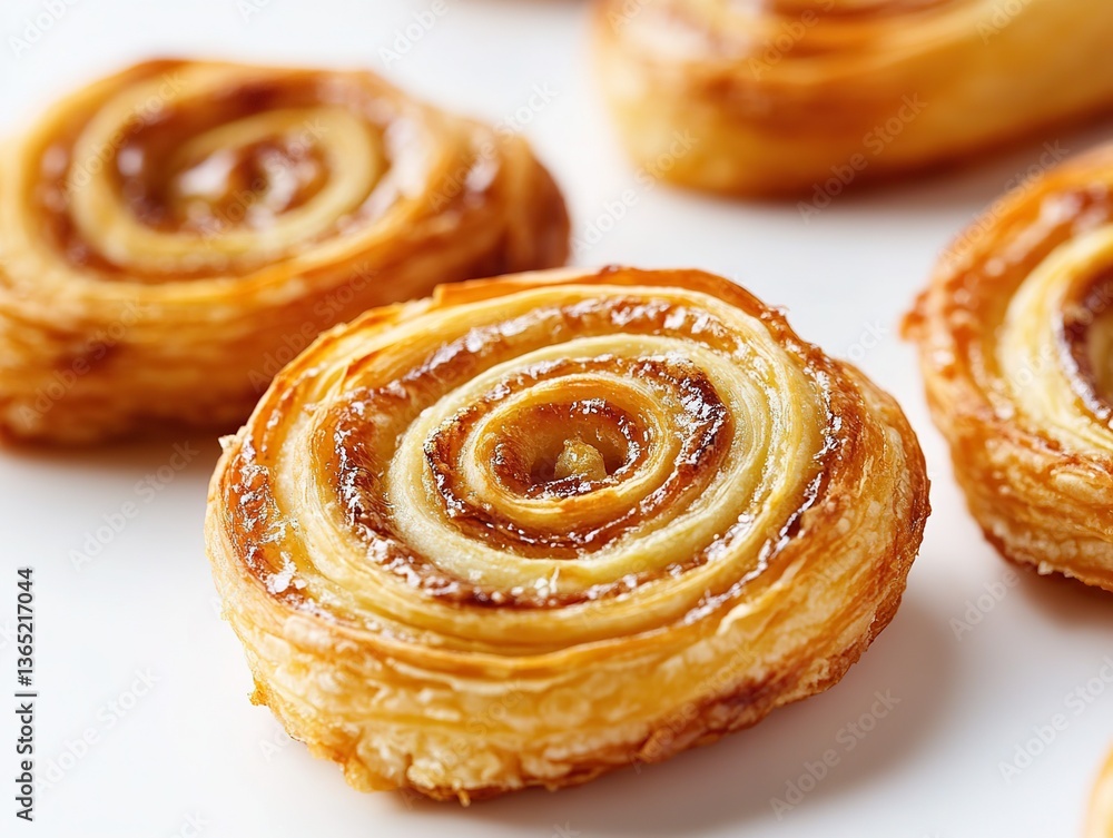 Fototapeta premium Delicious, sweet and buttery swirling pastry with a golden crust and intricate swirl on top, resting among other pastries on a clean white surface.