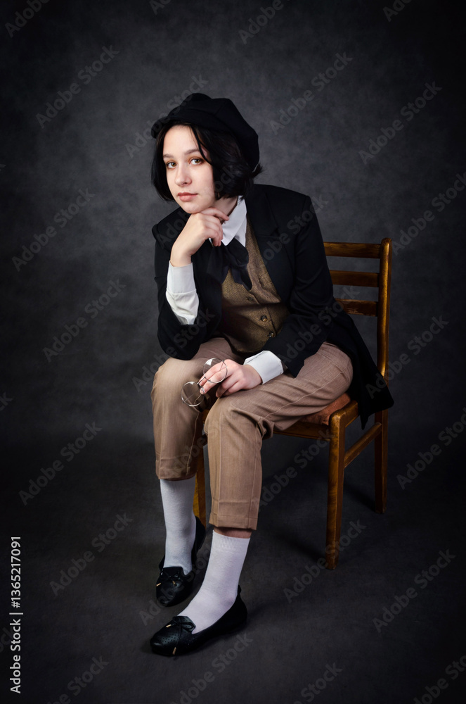 Naklejka premium Female Sherlock Holmes-Inspired Character Sitting in Classic Detective Pose