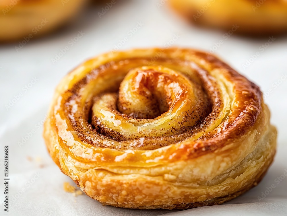 Fototapeta premium Delicious, sweet and buttery swirling pastry with a golden crust and intricate swirl on top, resting among other pastries on a clean white surface.
