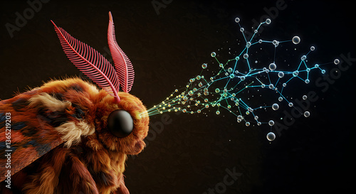 Moth antennae sensing pheromones visual representation with interconnected dots