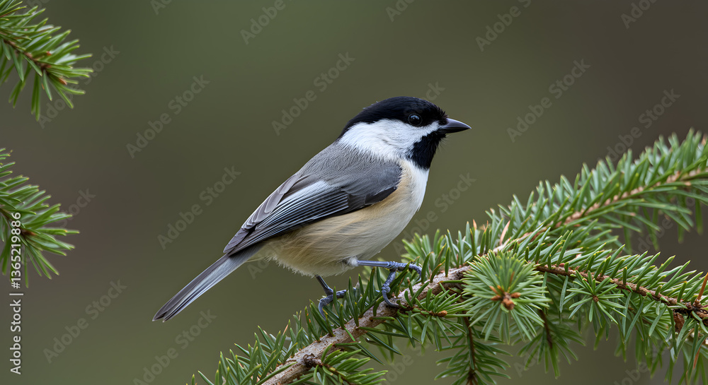 Obraz premium Mountain chickadee perched gracefully upon coniferous foliage in natural light