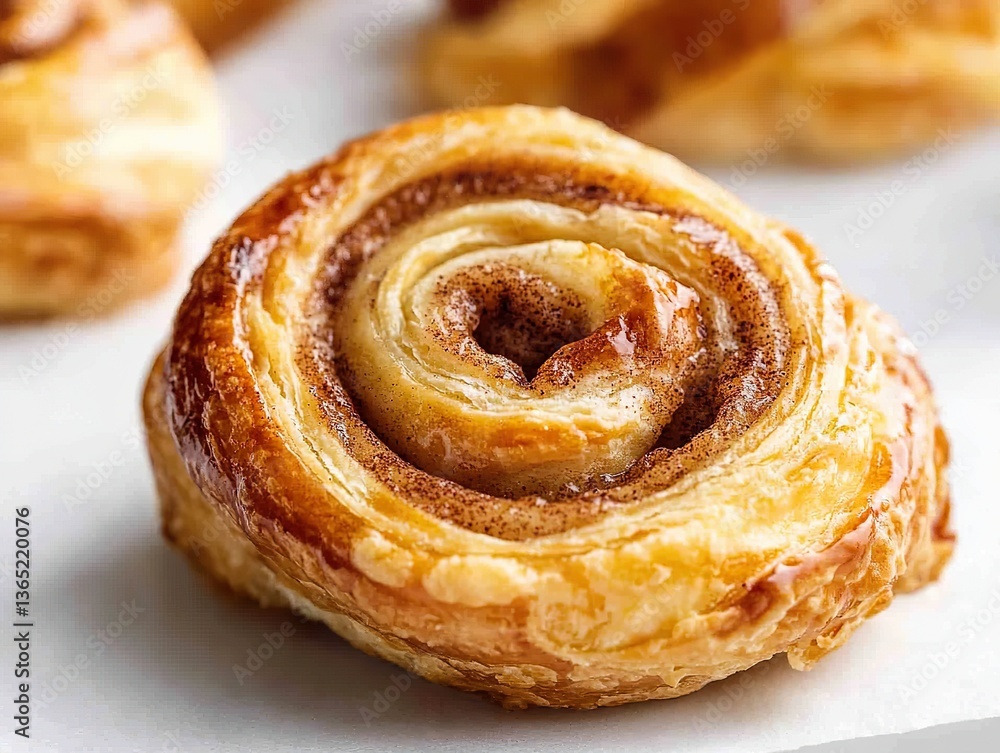 Delicious, sweet and buttery swirling pastry with a golden crust and intricate swirl on top, resting among other pastries on a clean white surface. Delicious, sweet and buttery swirling pastry with a golden crust and intricate swirl on top, resting among other pastries on a clean white surface.