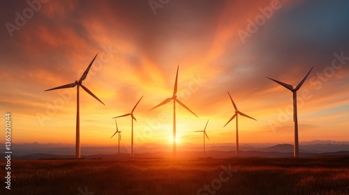Fototapeta Naklejka Na Ścianę i Meble -  A panoramic view of multiple wind turbines against a dramatic sunset background, emphasizing the importance of renewable energy and its coexistence with nature.