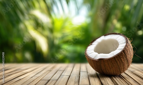 A halved coconut on bamboo creates a fresh, tropical ambiance with its natural texture and vibrant green background.