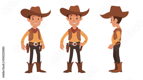 A cartoon cowboy vector graphic featuring a character dressed in traditional cowboy attire, including a hat, boots, and a lasso. The design embodies the spirit of the Wild West with a fun, 