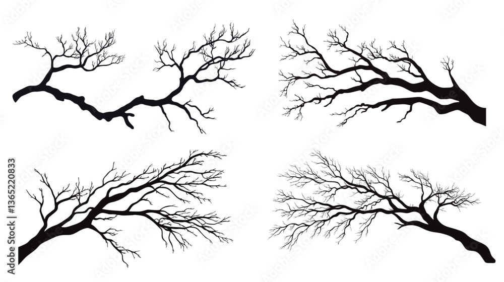 Obraz premium Tree branch silhouettes vector design, featuring intricate and naturalistic patterns. The design showcases the elegant form of tree branches, ideal for nature-themed projects, environmental designs, 