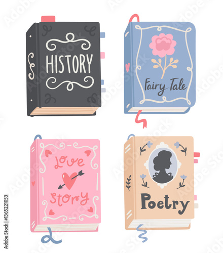Cute books with different vintage covers. Vector set of cartoon illustrations. History, love story, Fairy Tale and poetry books isolated on white background. 