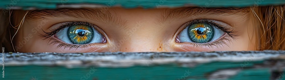 Fototapeta premium A close up photograph features beautiful blue eyes peering through the slats