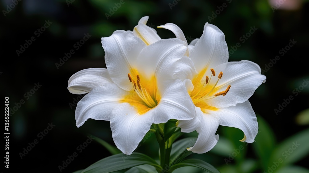 Close-up of two elegant white lilies with accents of vibrant yellow Close-up of two elegant white lilies with accents of vibrant yellow