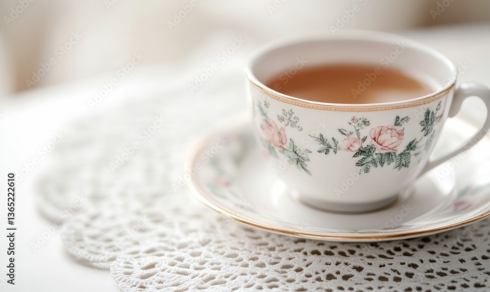 Fototapeta premium A charming floral tea cup sits on a delicate white lace doily, inviting a moment of serenity and warmth.