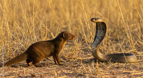 Intense standoff between mongoose and cobra in arid grassland landscape
