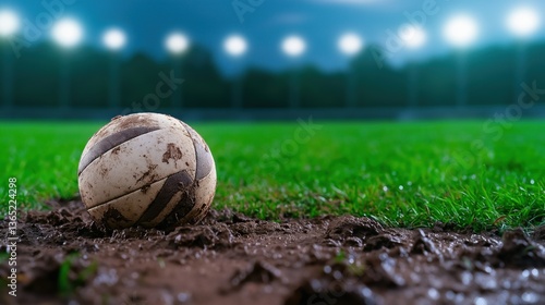 Close-up of a soccer ball in mud
