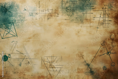 Vintage parchment background with faded geometric sketches and scientific drawings in antique style design.