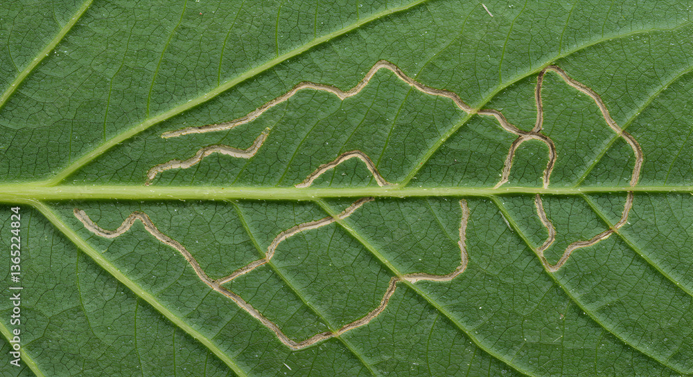 Fototapeta premium Intricate leaf miner insect trails create natural artistry on a green leaf