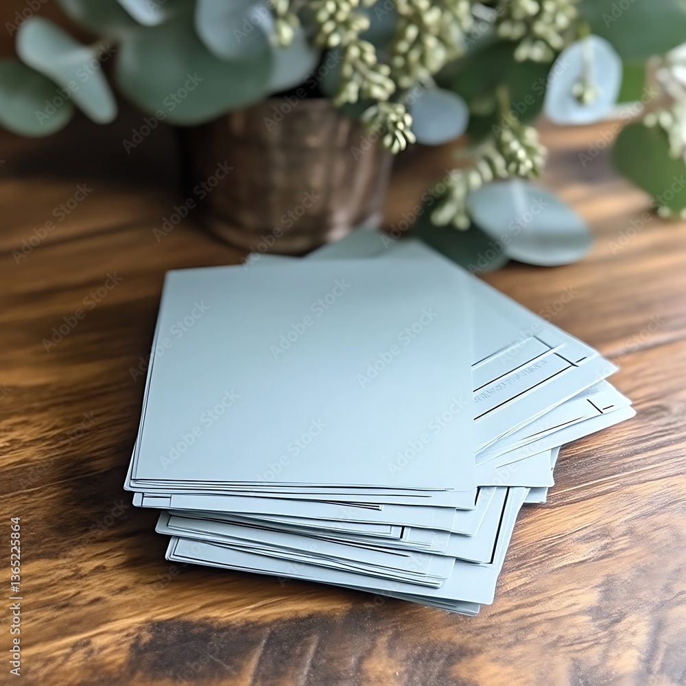 Fototapeta premium Light blue cards stacked table floral background