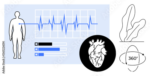 Medical body monitoring with heartbeat graph, anatomical heart diagram, progress bars, plant shapes, 360 element. Ideal for healthcare, diagnostics, fitness, anatomy data analysis technology