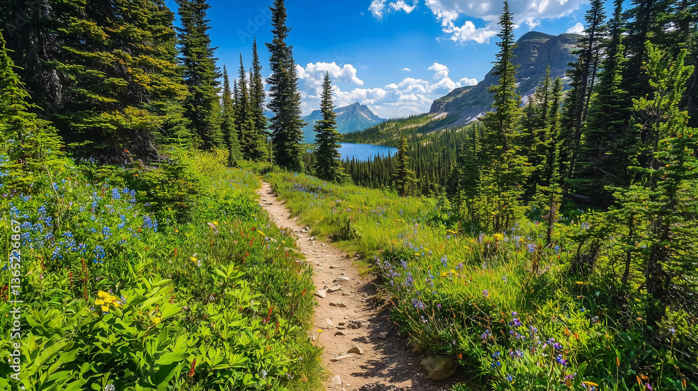 Fototapeta premium Lush hiking trail through vibrant wildflower fields in a scenic mountain landscape