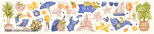 Italian summer sticker set, Sicilian vacation watercolor illustration, Amalfi lemon pint vector kit. Beach lounger, mediterranean weekend picnic, Aperol cocktail glass, sand castle. Italian summer