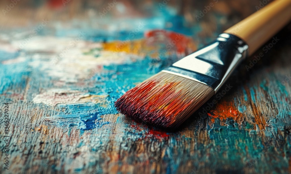 Obraz premium A vibrant paintbrush with red-tipped bristles rests on a painter's palette covered with mixed hues.