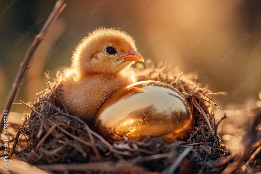Obraz premium Fluffy yellow chick sits near a golden egg in a cozy nest, bathed in sunlight. Ideal for illustrating financial success, new beginnings, or Easter themes.