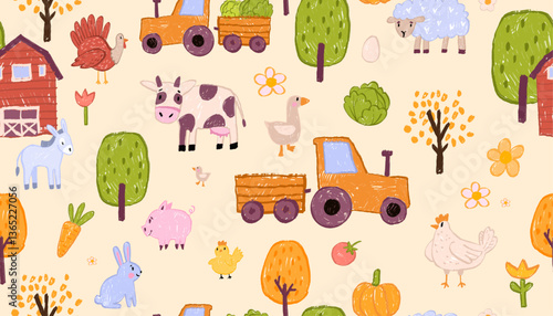 Kids farm seamless pattern, hand drawn animal color pencil wallpaper, vector village naive print. Nursery doodle cartoon textile wax crayon texture cute rabbit, cow, chicken. Kids pattern linen design