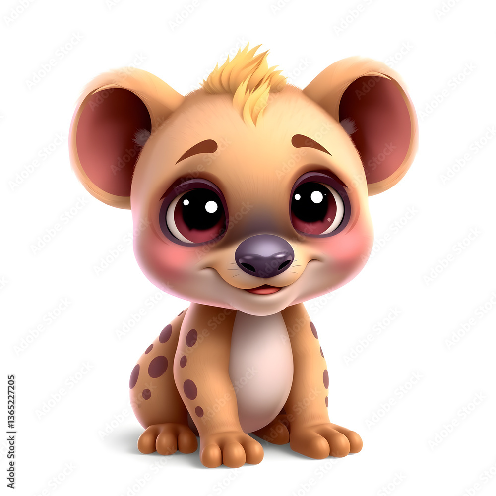 Naklejka premium Hyena – 3D baby hyena, round fluffy ears, chubby body, big playful eyes, pastel brown and purple tones, white background. Generative AI