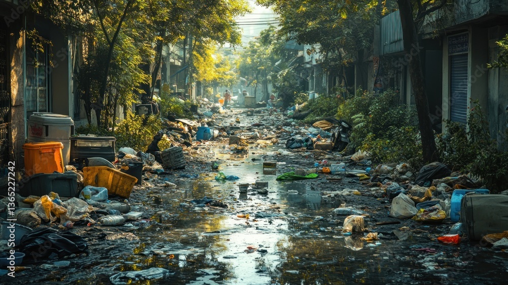Obraz premium Overgrown Alleyway, Urban Garbage, Flooding, Sunlight Peeking Through Trees