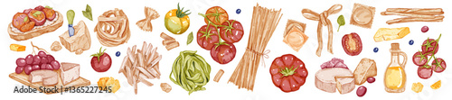 Italian pasta watercolor illustration set, vector hand drawn food clipart, farfalle spaghetti print. Cookery dinner ingredient, fresh tomatoes, cheese type, eatery menu design object. Italian pasta