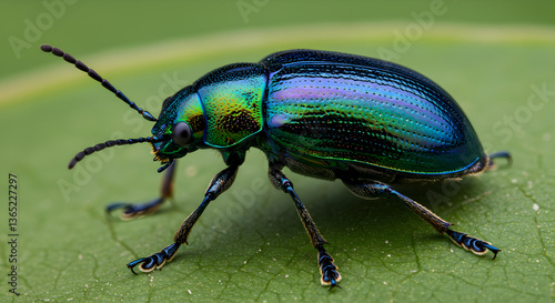 Wallpaper Mural Iridescent Leaf Beetle Displaying Vivid Metallic Coloration on Green Leaf Surface Torontodigital.ca
