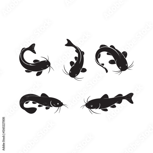 A vector illustration of a full black catfish silhouette sets on white background