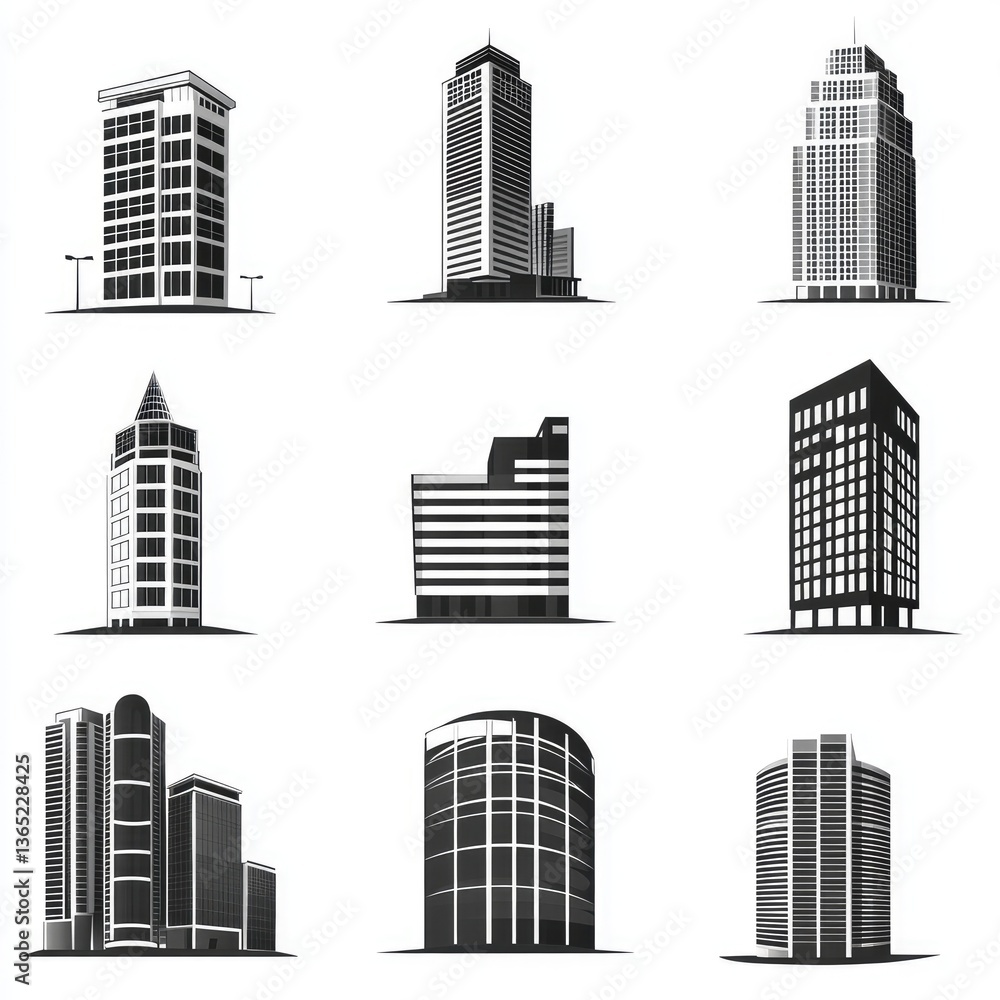 Collection of various modern office building silhouettes Collection of various modern office building silhouettes