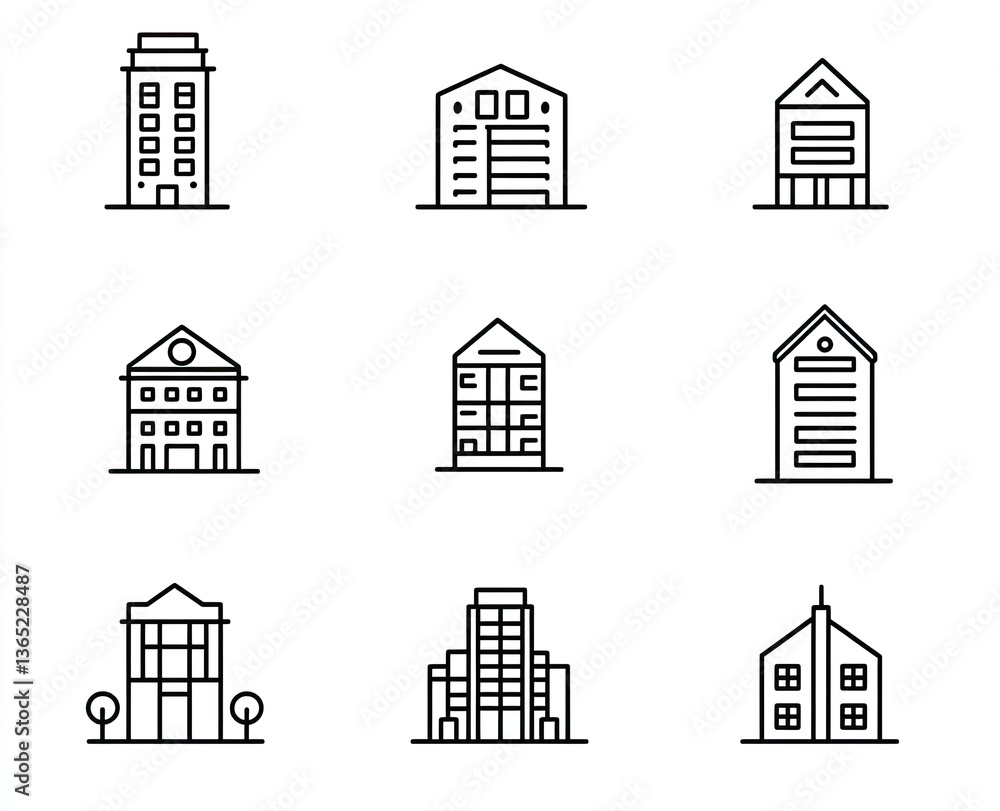 Fototapeta premium Collection of simple line art building icons. Various architectural styles and heights are depicted