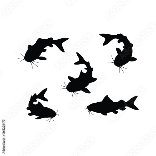 A vector illustration of a full black catfish silhouette sets on white background