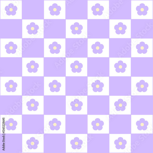 Abstract seamless pattern with flowers. Retro checkered purple background.